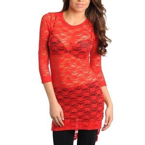 Sheer Mesh 3/4 Sleeve Lace Top or Mini Dress Slim Fit Stretch Fitted Red NWOT